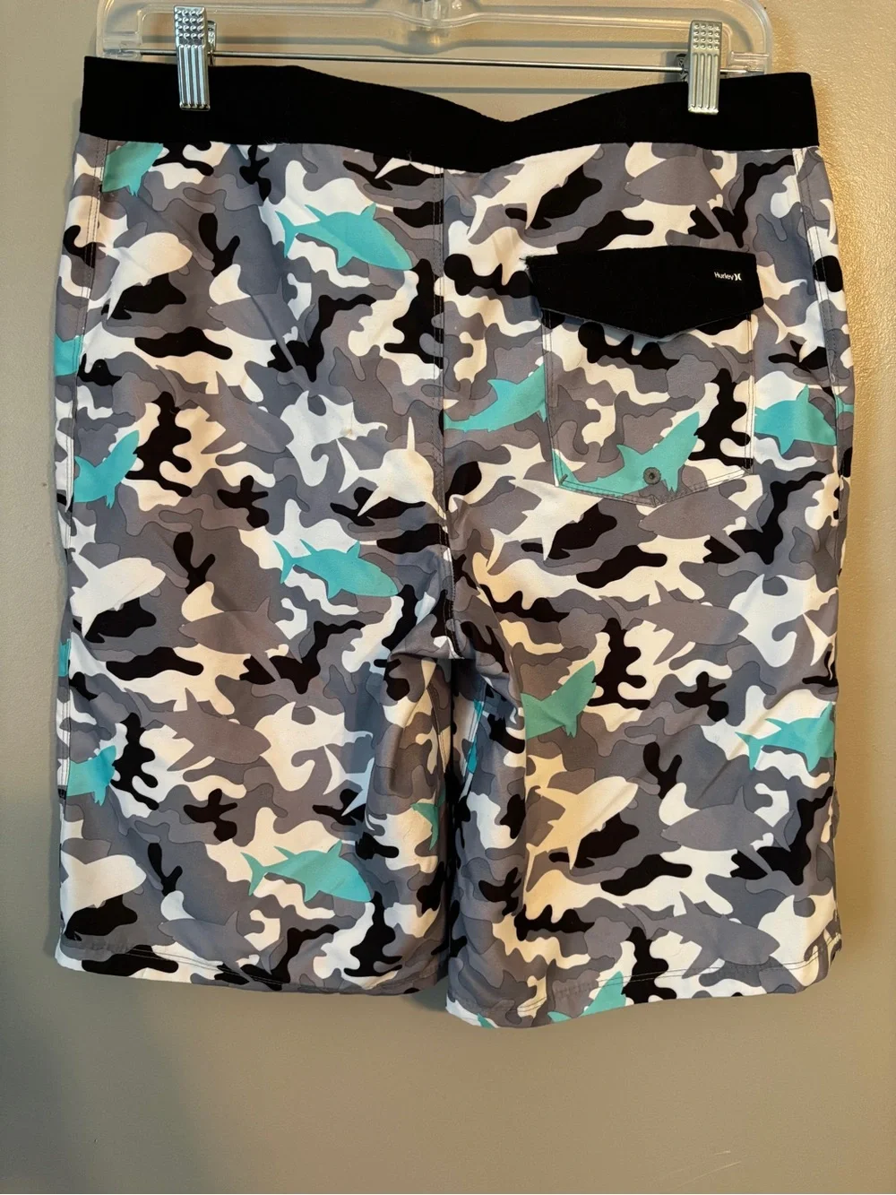 Hurley kids Gray Camouflage Swim Shorts with Teal Shark Accents